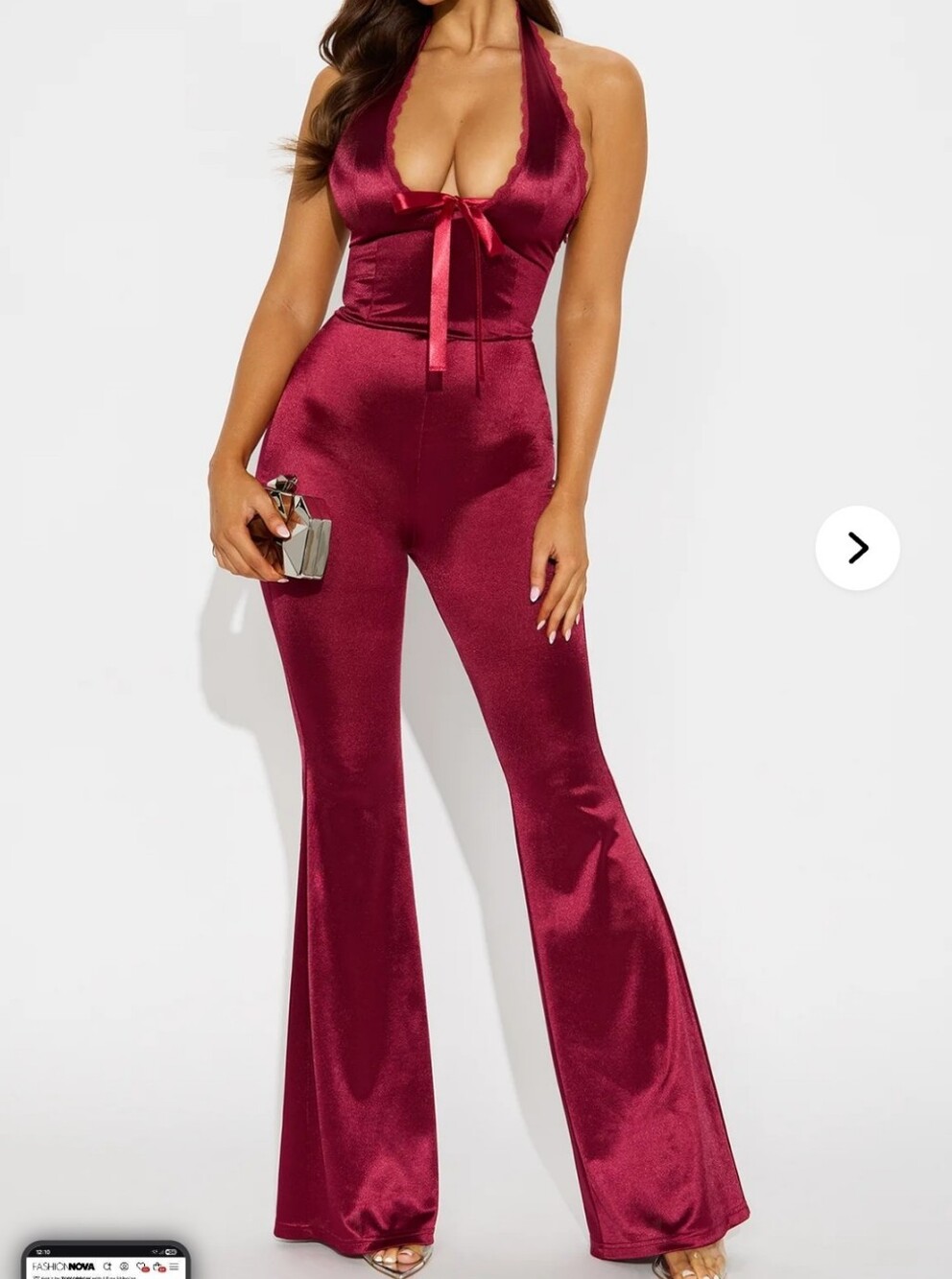 Fashion Nova Burgundy Satin Halter Flare Jumpsuit